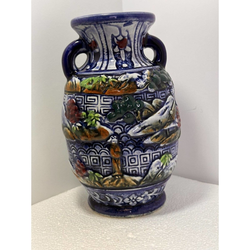 Moriage VASE Made In Japan Cobalt Blue Asian Oriental 6.5" Tall 2 Handle